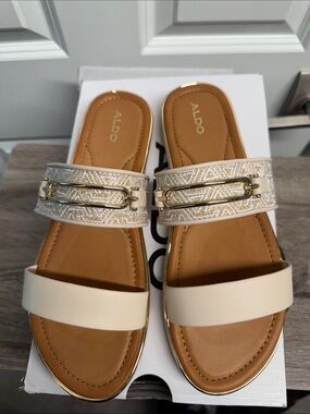 ALDO Cream and Gold Embellished Slide Sandals